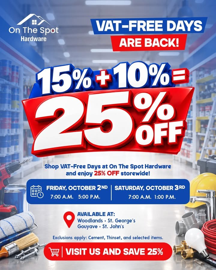 VAT-Free Days are back at On The Spot Hardware! 🎉🛠️ Get 15% + 10% = 25% OFF storewide on Friday, October 2nd and Saturday, Octobe…